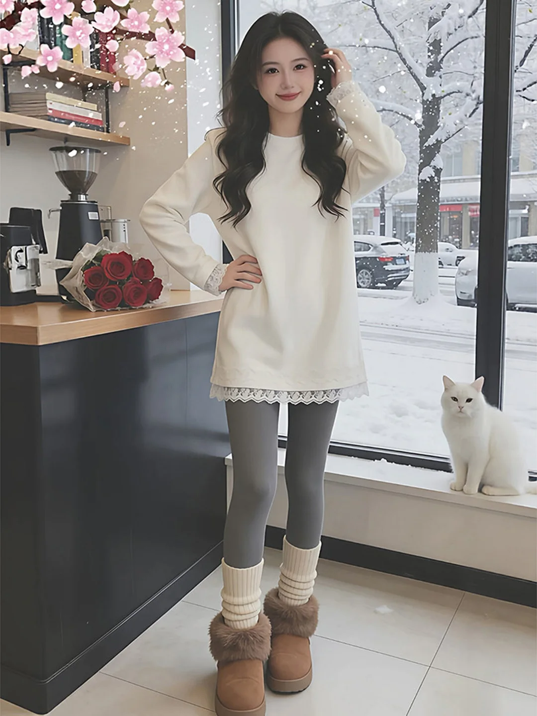 White Lace Splice Fleece Long Sleeve T-Shirt Women's Spring Autumn Winter Loose Versatile Butt Covering Inner Wear Top