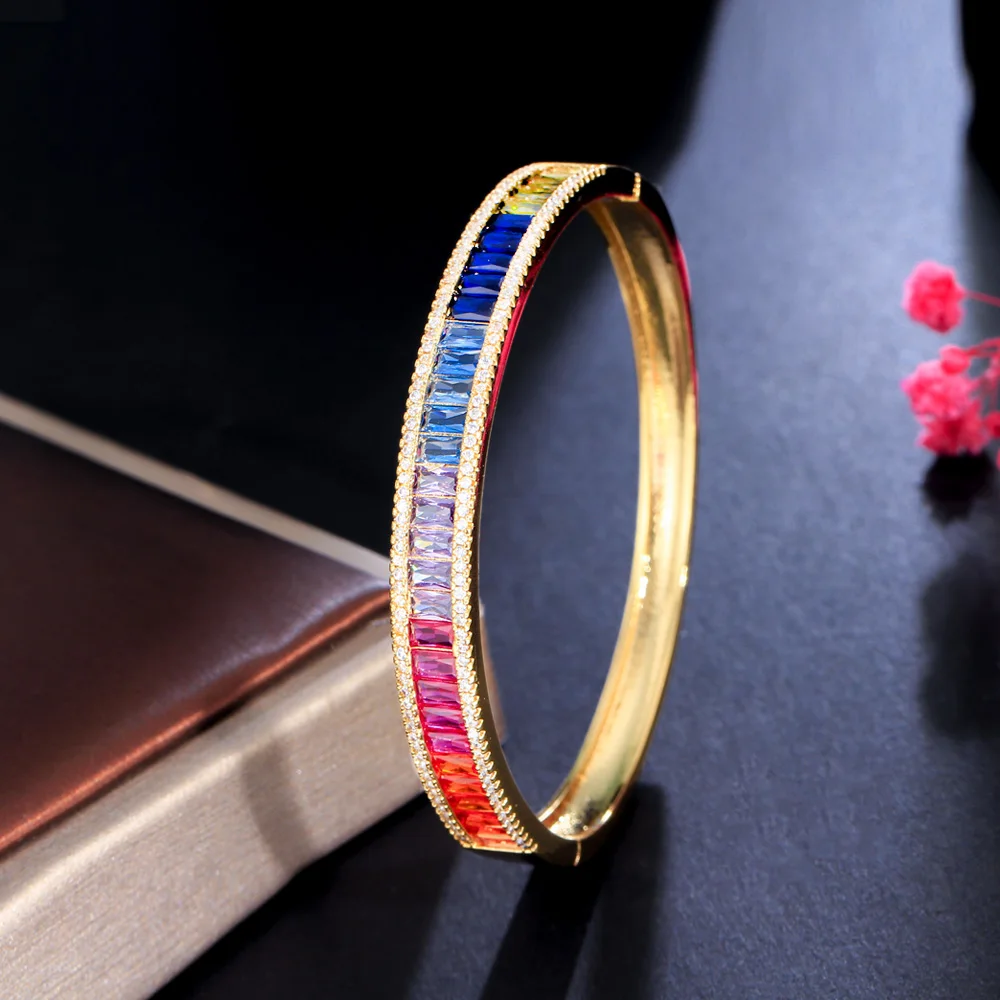 CWWZircons Unique Baguette Rainbow Cubic Zirconia Round Open Cuff Bangle for Women Trendy Brazilian Gold Plated Jewelry BG048