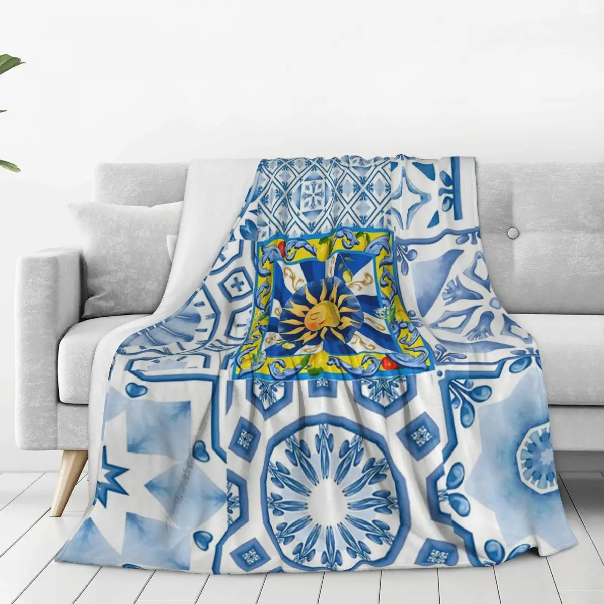 Sicilian Tiles,sun,half Moon,mediterranean Style,lemon Art Blanket Fleece Warm Sofa Throw Blankets For Home Bedroom Travel Quilt