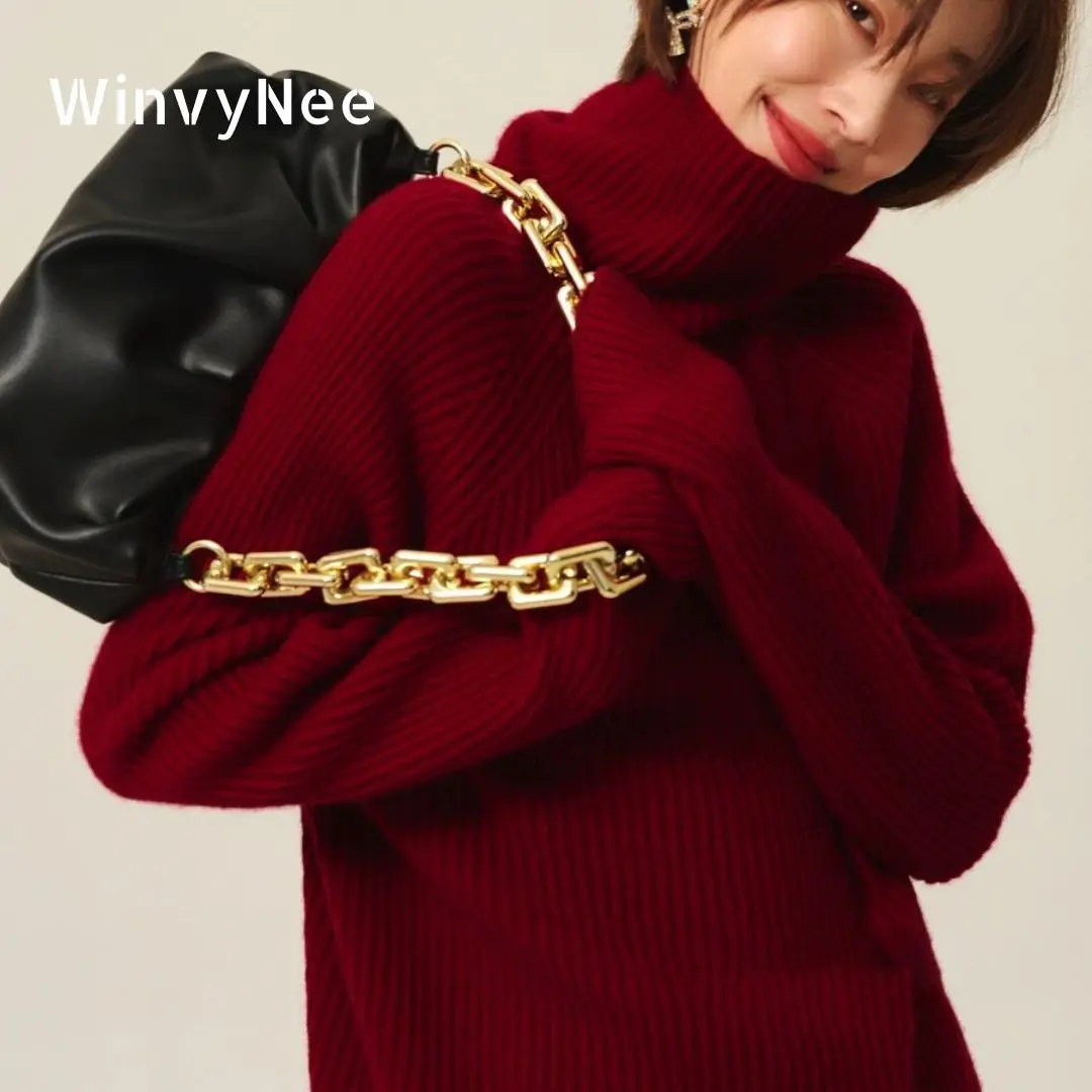 

WinvyNee Women's Cashmere Wool Red Sweaters Turtleneck O Neck Casual Solid Knitted Pullover Jumpers Clothing Winter A1044052A