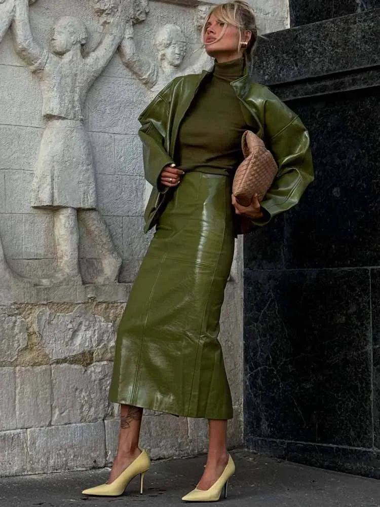 Conjuntos de saia de jaqueta sólida de couro de rua vintage 2025 novo casaco solto com zíper de manga completa e saia longa dividida combinando terno de 2 peças