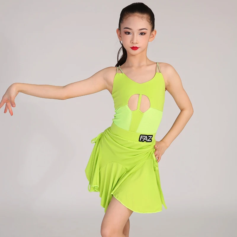 

Green Latin Dance Dress Girl Sleeveless Leotard Frill Dance Skirt Kid Training Clothes Rumba Cha Cha Costume Practice Wear 1823