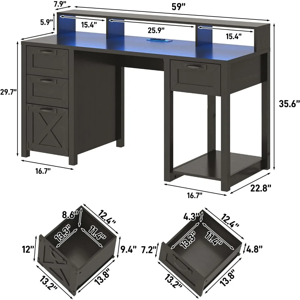 59" Farmhouse Computer Desk with 4 File Drawer & Power Outlet & Led Lights, Wood Home Office Desk with Long Monitor Stand, Compu