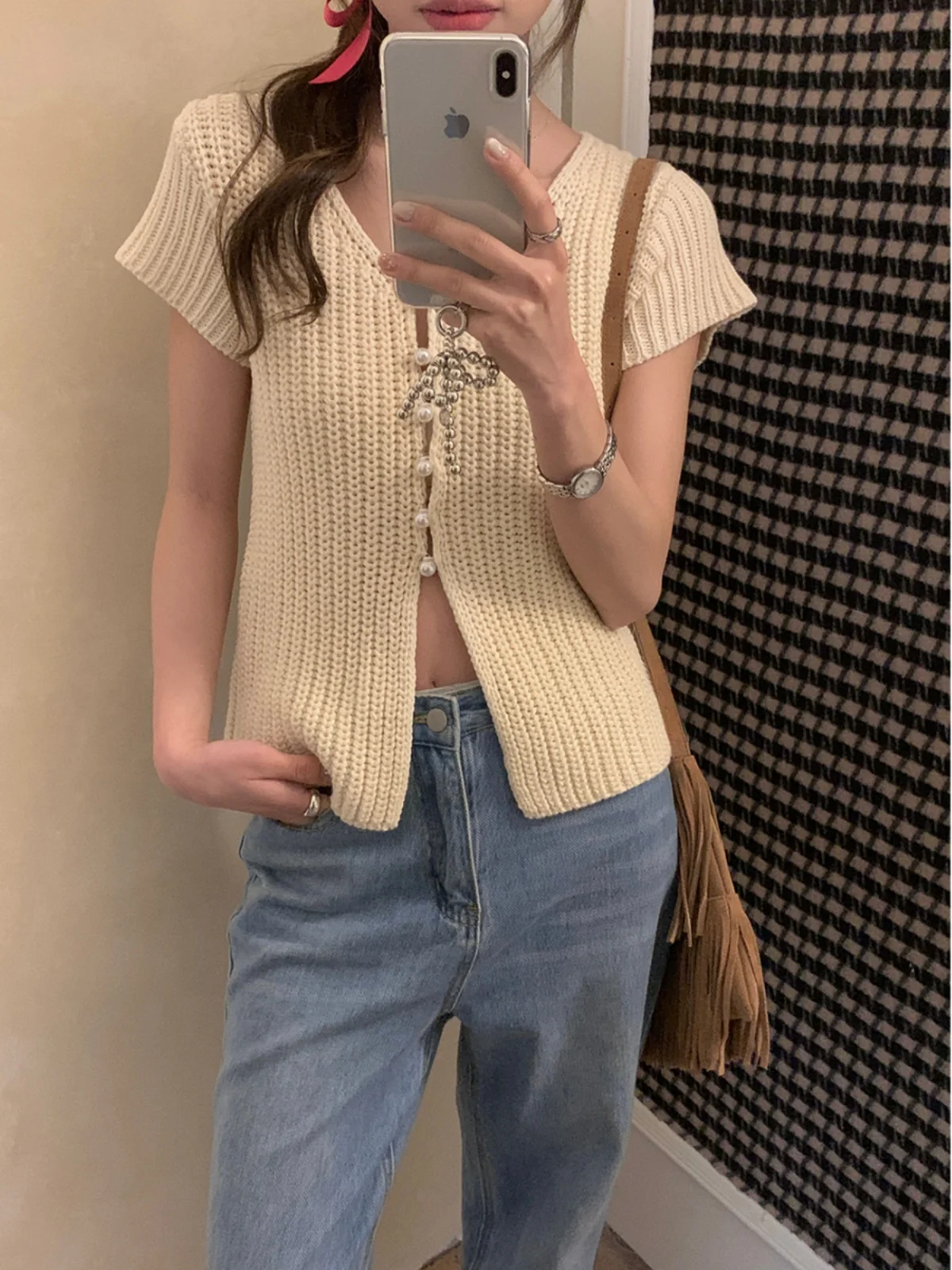 

Pearl Button ort Sve Knitted Cardigan Women's Spring Summer Faion Versatile V-Ne Knitwear Classic Design Commute Sle