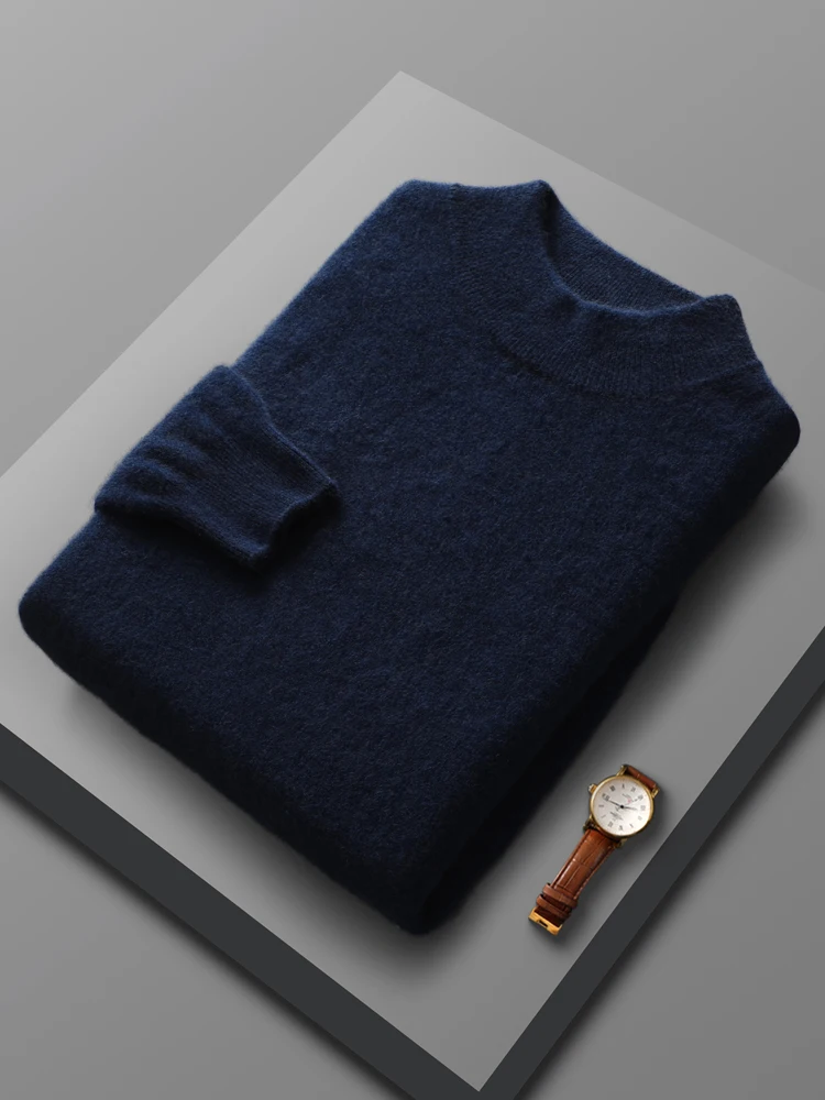 Autumn Winter Men Sweater Long Sleeve Mock-Neck Pullover 100% Merino Wool Warm Solid Cashmere Knitted Basic Casual Clothes Tops