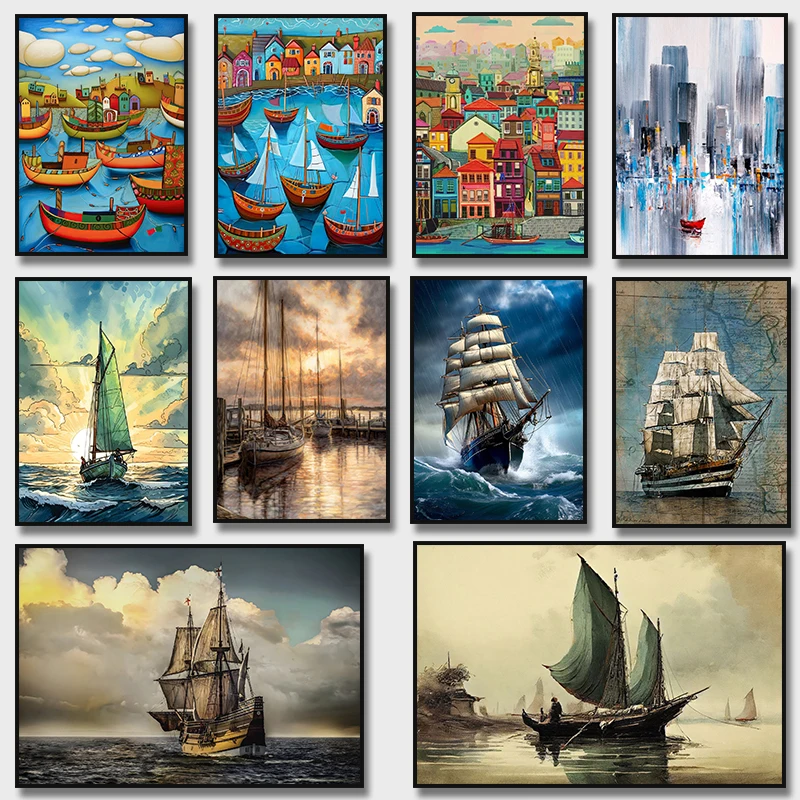 1 Stück rahmenloses Leinwandgemälde, Vintage-Segelboot, Segellandschaft, Poster, Leinwanddruck, Vintage-Ozean-Segelboot, Wandkunst, Bild
