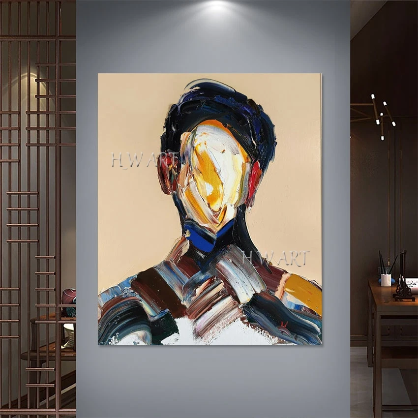 

Man Handmade Oil Paintings Frameless Acrylic Knife Canvas Art Wall Frameless Figure Face Decorative Pictures For Living Room