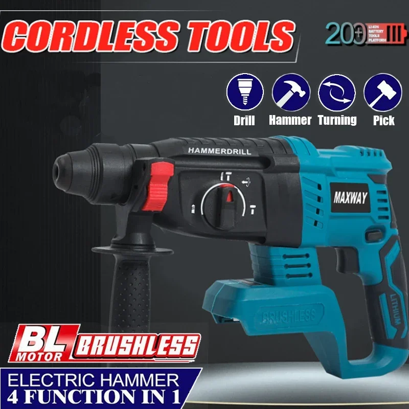 

18V Cordless Rotary Hammer Drill 4 Functions Electric Brushless Hammer 27mm Impact Drill Fit for Makita 18V Battery