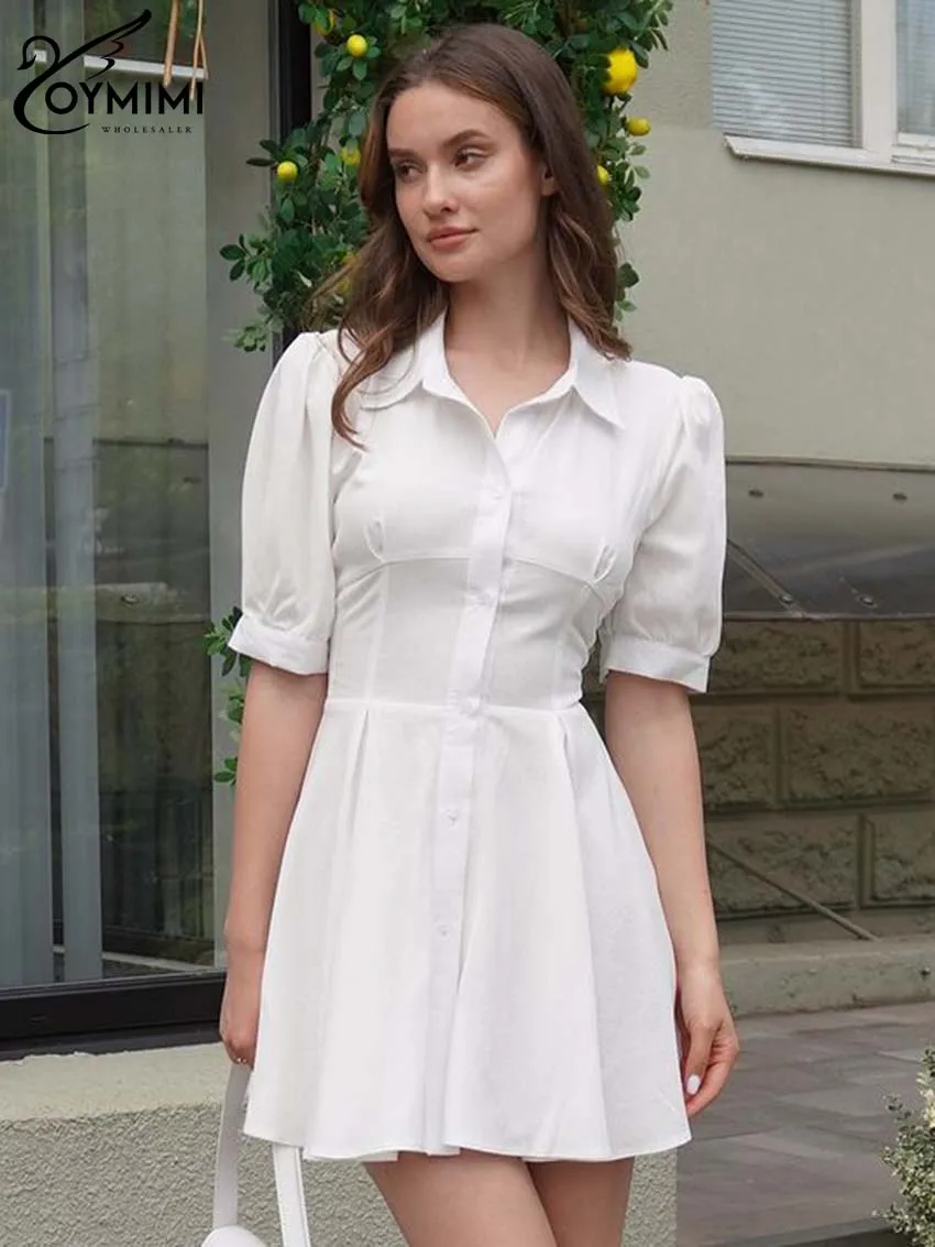 

Oymimi Casual White Cotton Women's Dress Fashion Lapel Half Sleeve Button Dresses Elegant High Wiast Pleated Mini Dresses Female