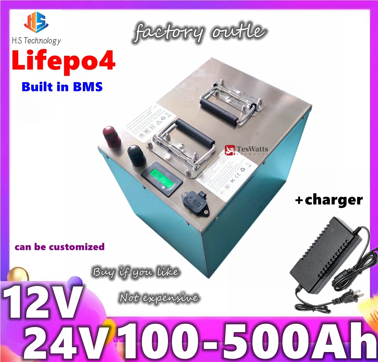 

Lifepo4 12V 100Ah 200AH 500Ah 300Ah400Ah 24V200Ah 48V 100Ah with BMS for 1200W 2400w inverter EV Fishing boat propeller +Charger