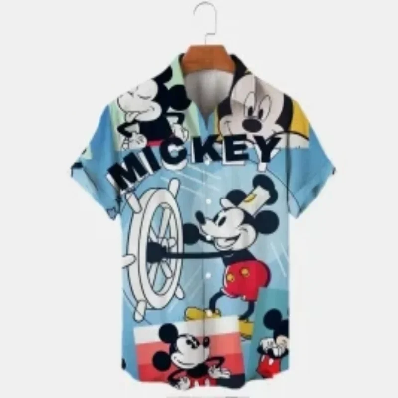 2024 Summer New Men\'s Casual Trend Fashion Cartoon Mickey Mouse Goofy Needle Harajuku Summer Top Men\'s Lapel Short Sleeve Shirt