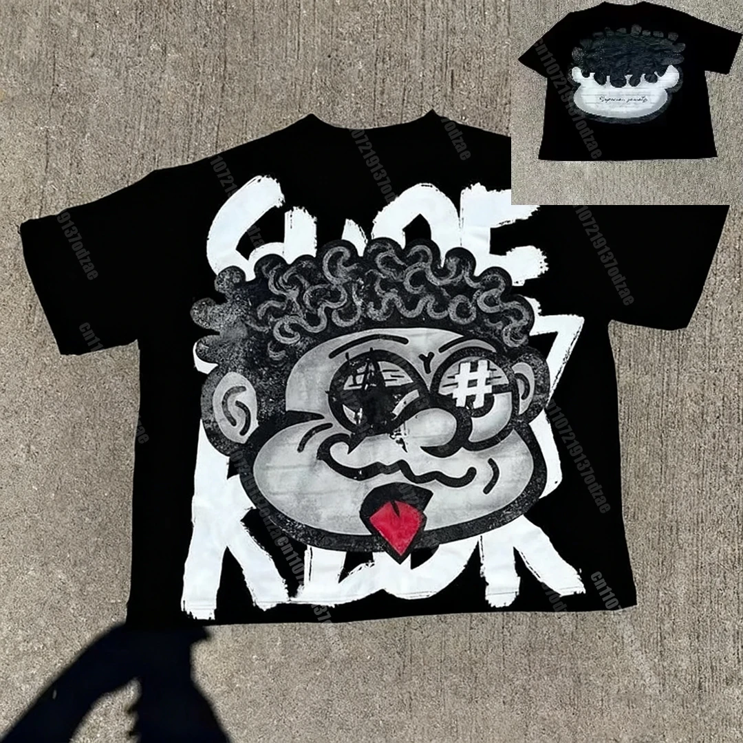 كبير رئيس طفل رسومات الشعار المبتكرة تي شيرت الرجال النساء خمر الأعلى الهيب هوب الشارع الشهير المتضخم قصيرة الأكمام ملابس كاجوال الصيف المحملة