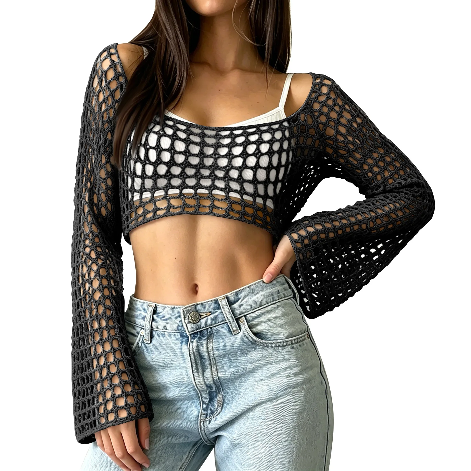 

Women's Korean Style Hollow Long Sleeve Bikini Beach Sunscreen Knit Sweater Cover-Up Fashion Summer Top Decor Accessories