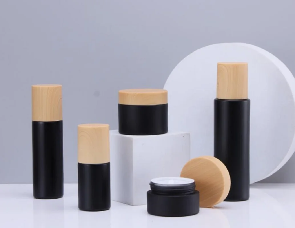 30G black glass jar wooden shape lid day night cream/moisturizer/essence/gel  hyaluronic acid serum wax cosmetic packing