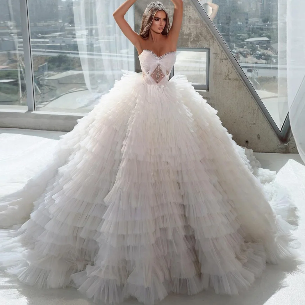 

Sweetheart White Tulle Ball Gown Fluffy Layered Evening Dresses For Women Ruffled Wedding Dress Crystals Beaded Bridal Gown