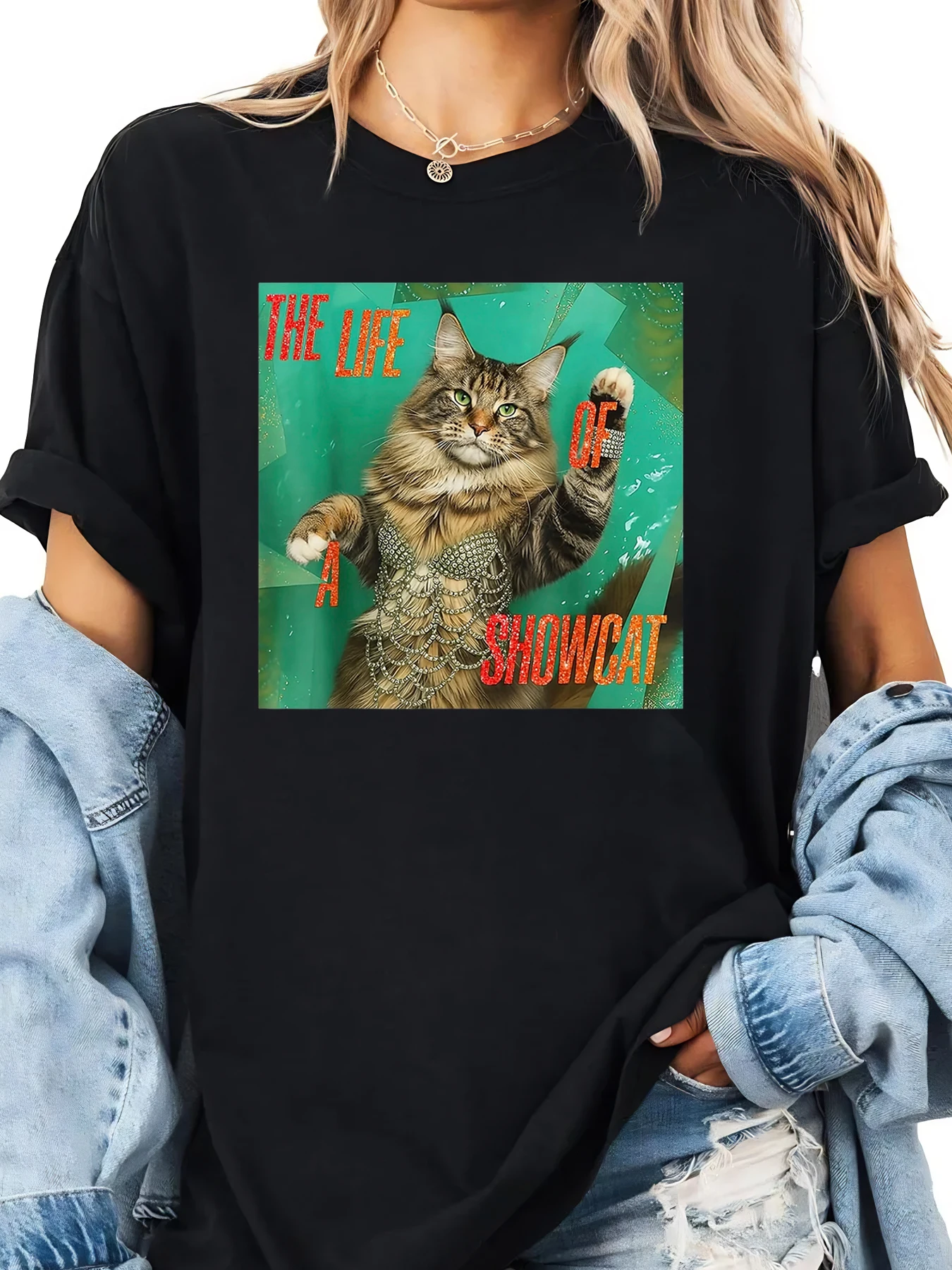 Camiseta con estampado de gato The Life of a Showcat, ropa informal de Halloween para mujer, color negro, talla grande