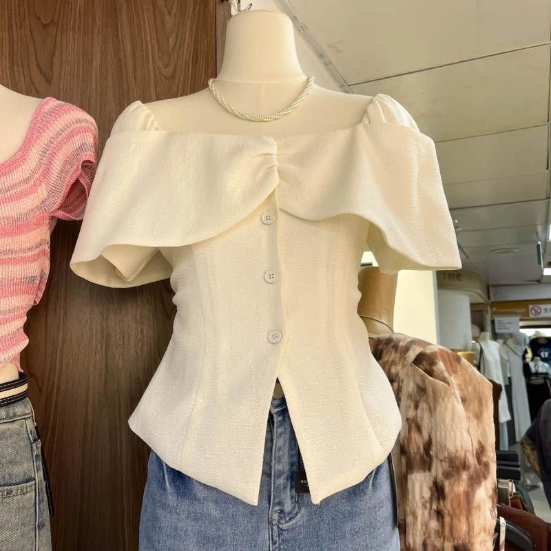

Slimming Effect Korean Sle irt with Pleated One oulder Turn-down Collar High Waist Bule Design Sensation Top