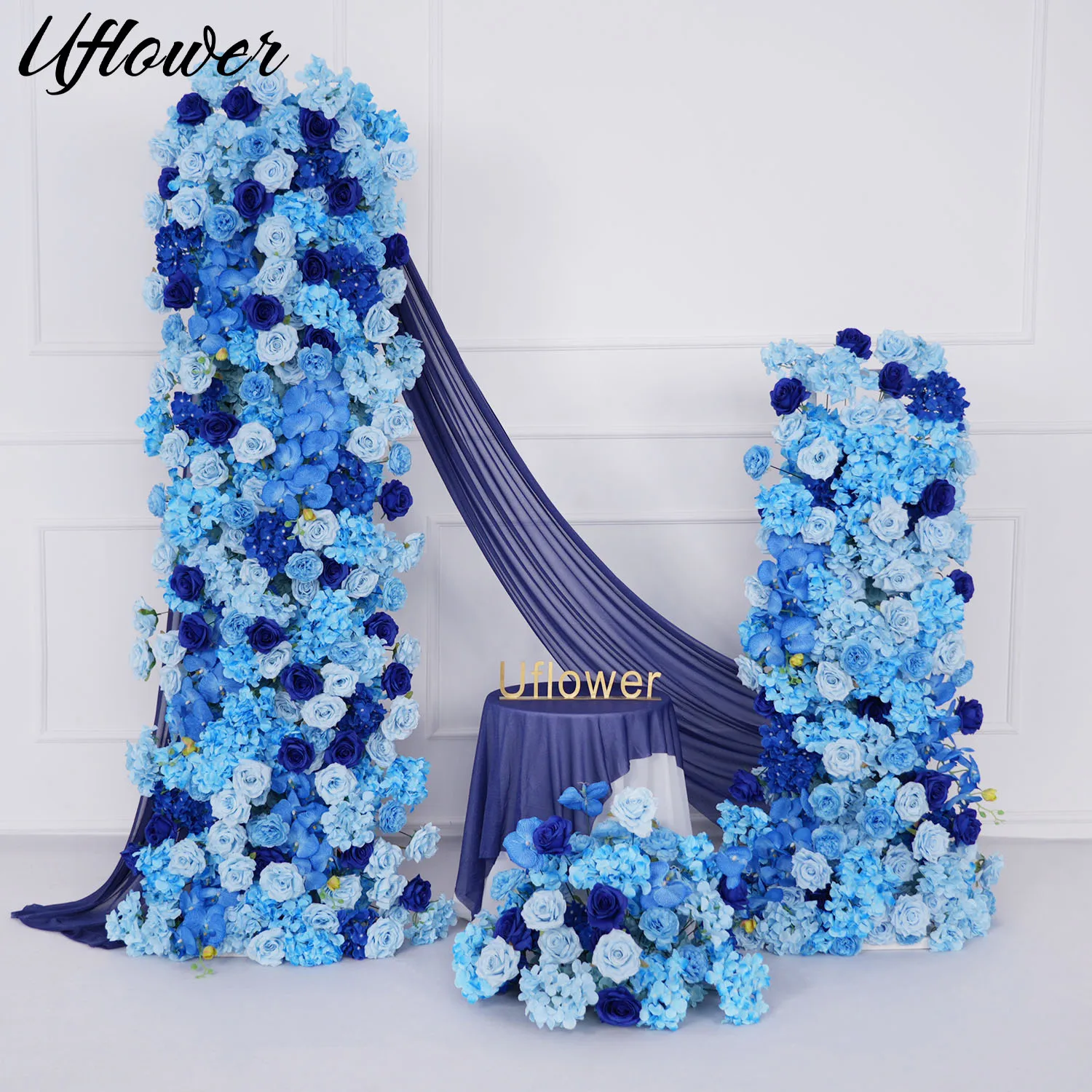 Uflower Luxury Royal Blue Wedding Backdrop Floral Arrangement Rose Hydrangea Orchid Floor Flower Ball Banquet Party Event Decor