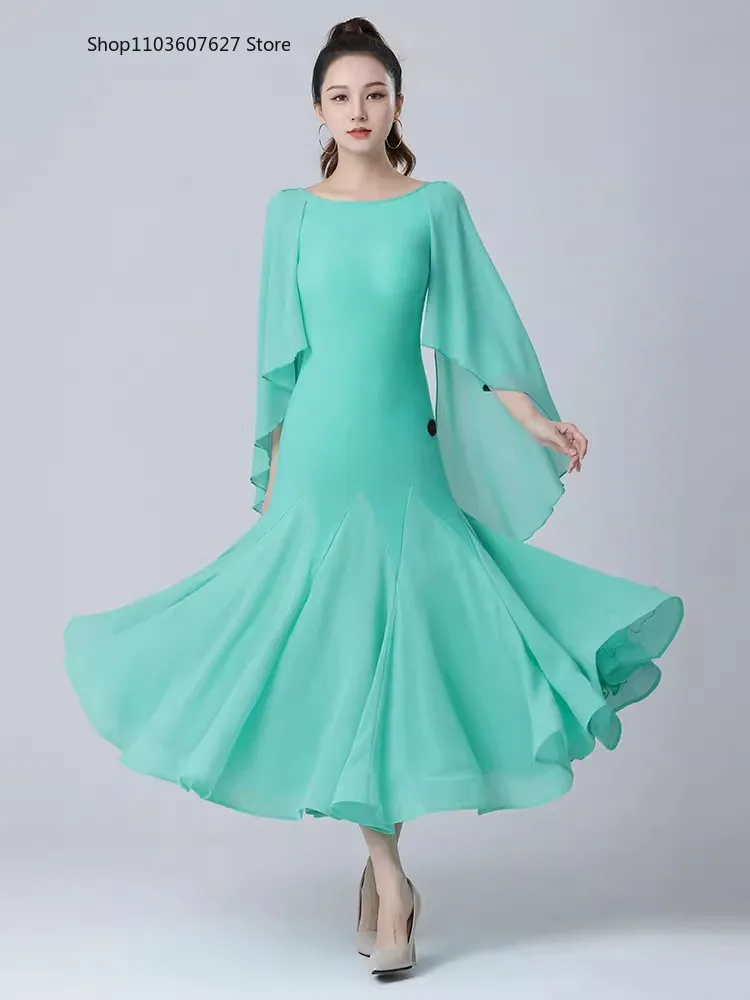 New waltz high-end dance skirt light blue large hem skirt 2024 new female high-end ballroom dance dress