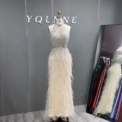 Fashion Halter Beige Feathers Crystals Evening Dresses Backless Mermaid Tulle Beaded Formal Women Party Dress