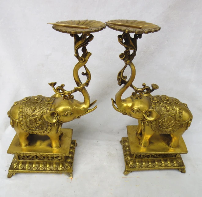 

A pair # home shop company lobby thriving business Money Drawing GOOD LUCK Mascot Elephant candleholder FENG SHUI Brass statue