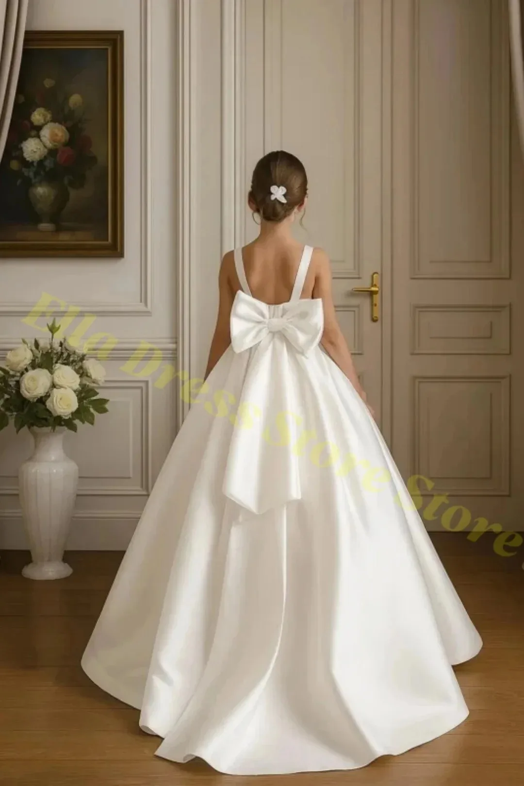 Lange Elfenbeinfarbene Satin-Blumenmädchenkleider für Hochzeit, Schleifenparty, Geburtstag, Prinzessinnenkleid, Junior-Brautjungfernkleid, Heilige Kommunion, Großhandel – Detail 2