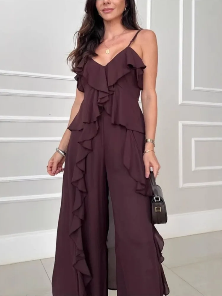 

2025 Summer Solid Color Two Piece Set Women Chiffon V-neck Ruffle Edge Long Suspender Tops Trousers 2 Piece Sets Female Fashion