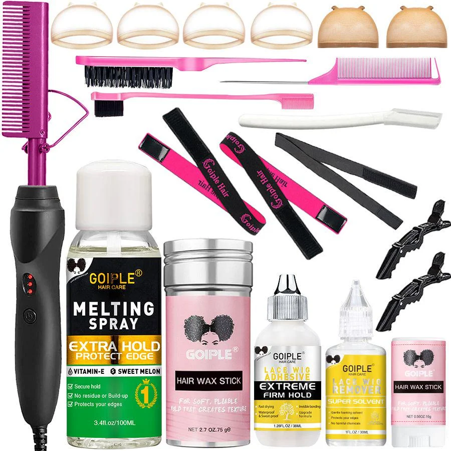 電気ホットコーム急速加熱ヘアストレートナー、プレスフラットカーリングアイロン、レースフロントグルー付きスタイリングウィッグ装着セット 1