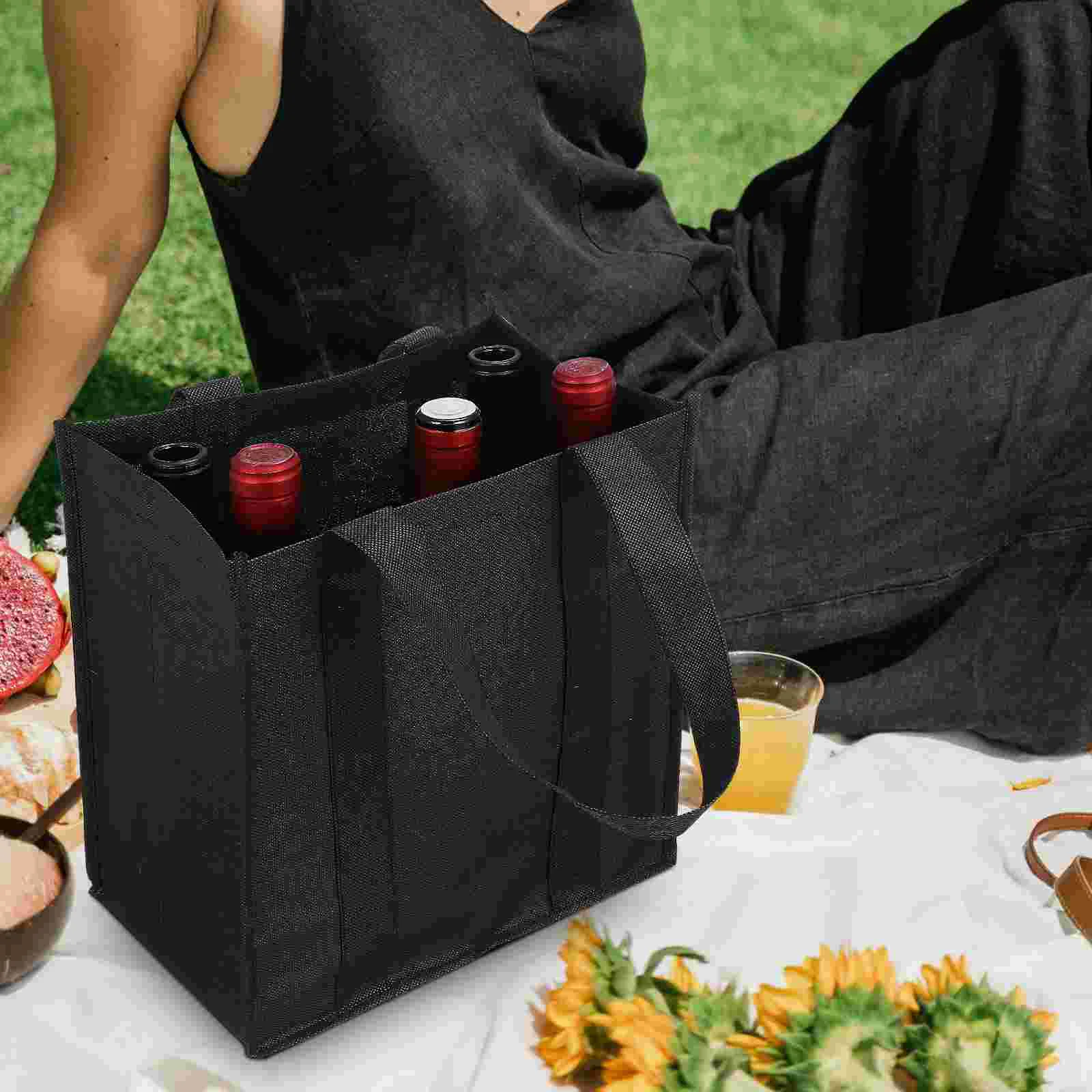 6 Bottle Hand Picnic Bags Large Capacity Carrier Carriers for Picnics Divider Bottles Carry Tote Black Water