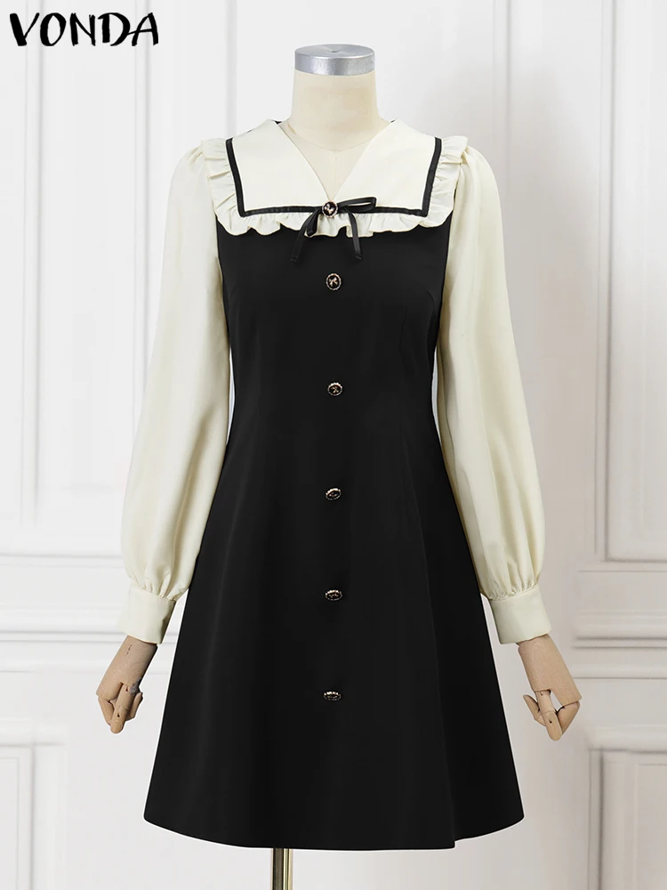 VONDA Women Patchwork Mini Dress Bohemian Sundress 2025 Casual Loose Short Robe Oversized A-Line Turn-down Collar Vestidos