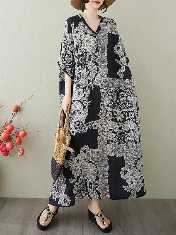 فستان صيفي عتيق طويل Dr Bla مطبوع عليه زهور من القطن والكتان V-Ne للسفر غير رسمي فضفاض الخصر ort Sve H-ape