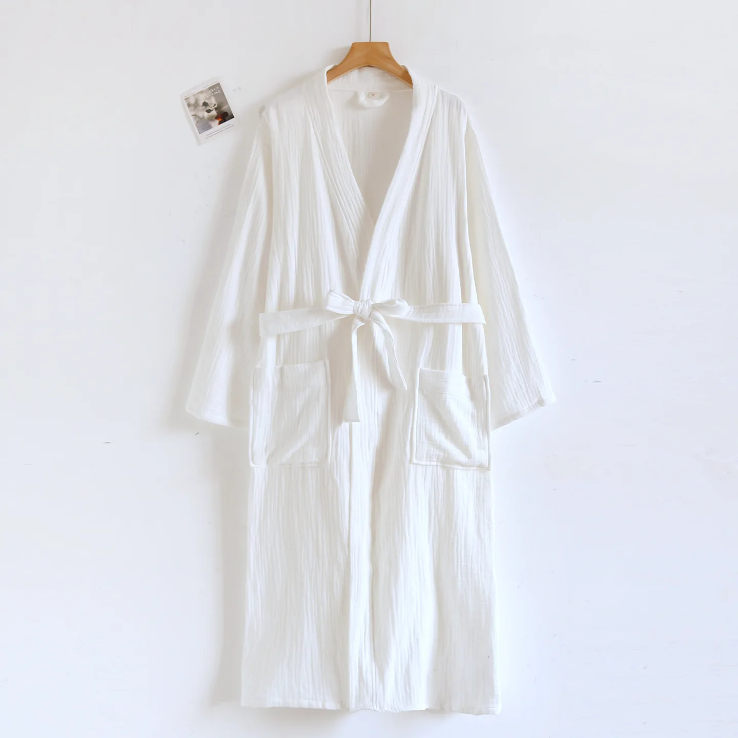 

Spring Autumn Couple Sleeping Robe With Belt Cotton Crepe Bathrobe Solid Color Home Robe Robes for Women