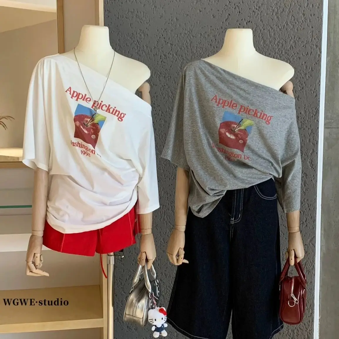 

2025 Lyocell Tencel Lazy Loose Korean Striped Off Shoulder Bat Sleeve T-shirt Versatile Top