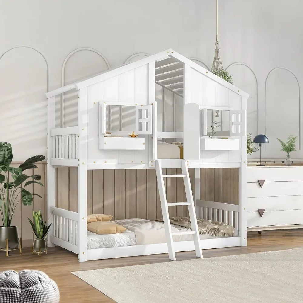 House Bed Twin Over Twin Bunk Bed Wood for Kids Girls Boys, Wood Slat Support, Solid and Stable, with Door, Windows