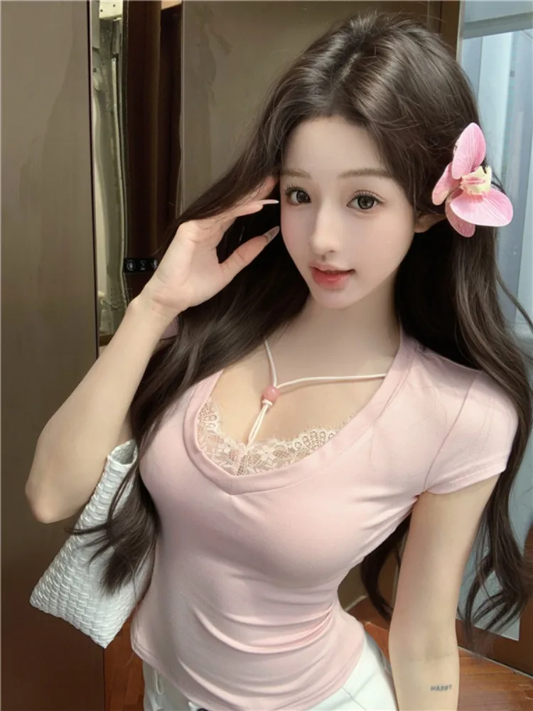 

Pure Desire Sexy Lace Trim Knitted Top Women's Summer New Design Sensual V-neck Slim Short Sleeve T-shirt Korean Style Commute