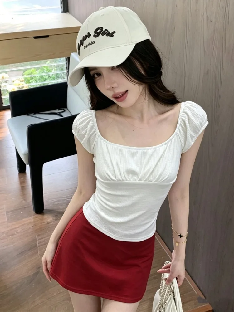 

Slim Fit Pure Color T-Shirt Bubble Sleeve Square Collar Anti-Light Skirt Pants Summer New Set Women's Korean Style Commute