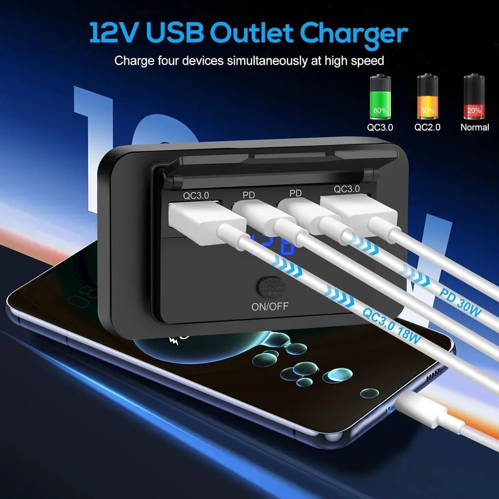 Mount RV USB Charging Socket Dual USB-C 36W PD + Dual For QC3.0 Waterproof Design with LED Voltmeter for 12V 24V Use
