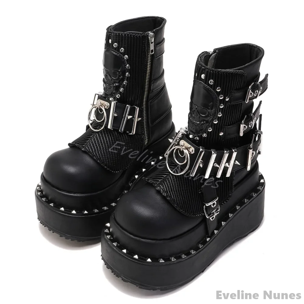 

Gothic Style Punk Big Toe Boots Women Skull Rivet Thick Bottom Metal Belt Buckle Mid-calf Boots New Fashion Hotties Short Boots