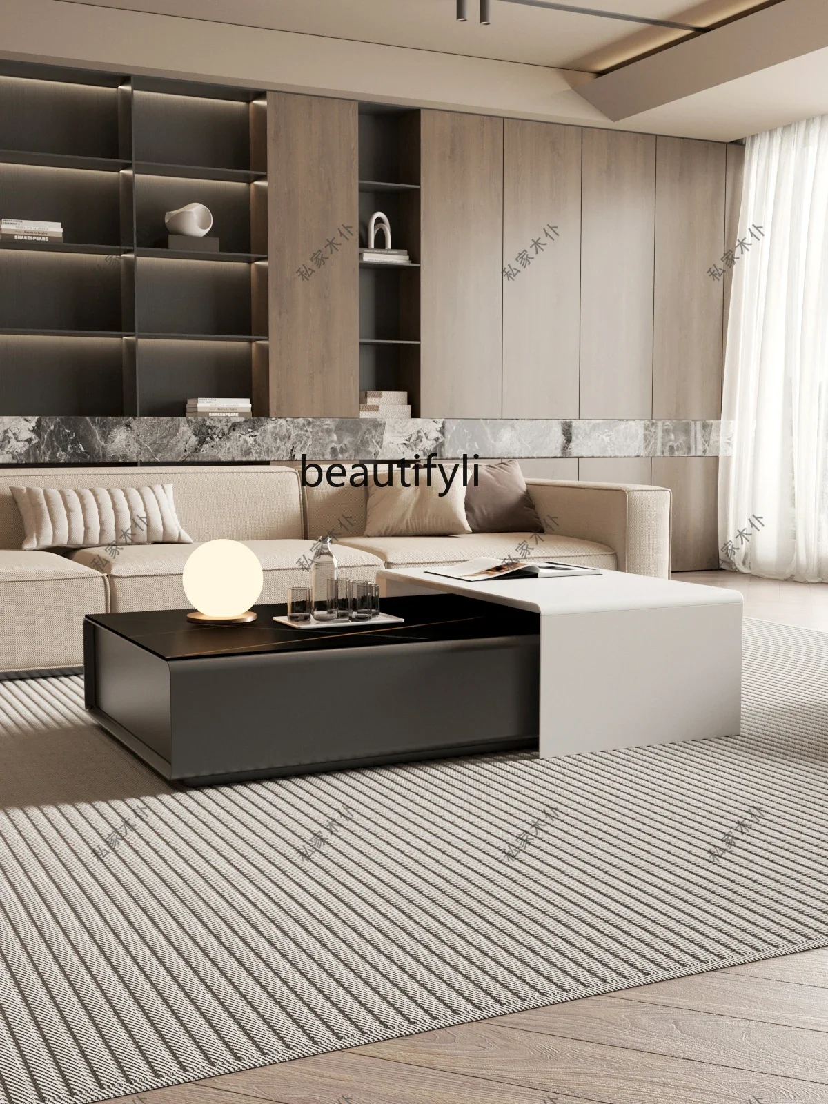 Italian coffee table, living room, home rock slab table, modern minimalist high-end solid wood square edge table combination