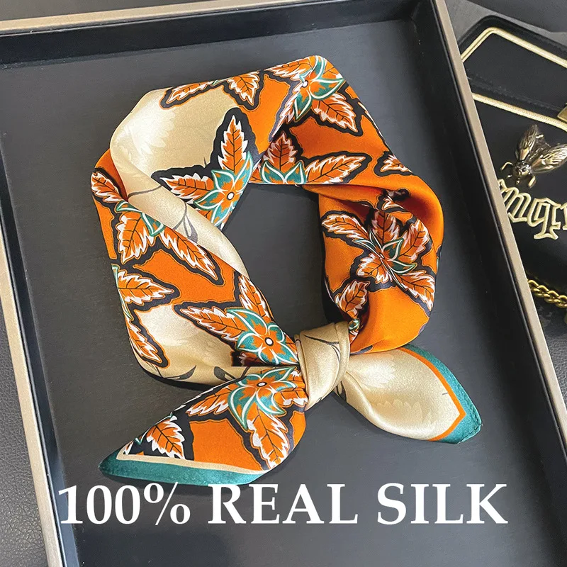 

Роскошный шарф из 100% натурального шелка, соответствующий цвету принт, шелковые квадратные шарфы 53 см, атласная повязка для волос, шейный платок, повязка на голову, платок, лента