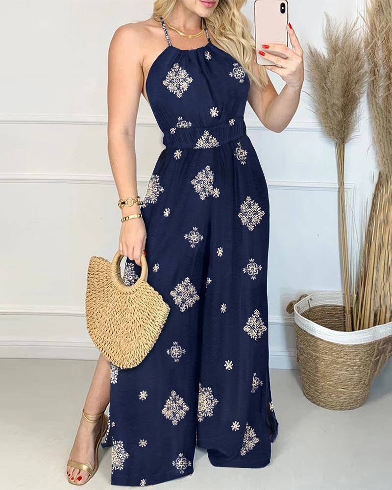 Printed Backless Side Sewn Shirt Jumpsuit Wide Leg Pants