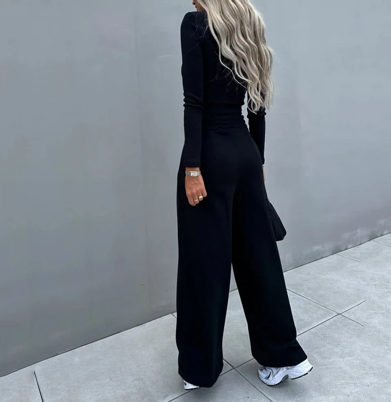 Casual Women 2 Piece Set Autumn Casual Sport Solid Round Neck Long Sleeve Crop Top High Waist Wide Legs Pants Set Tracksuit