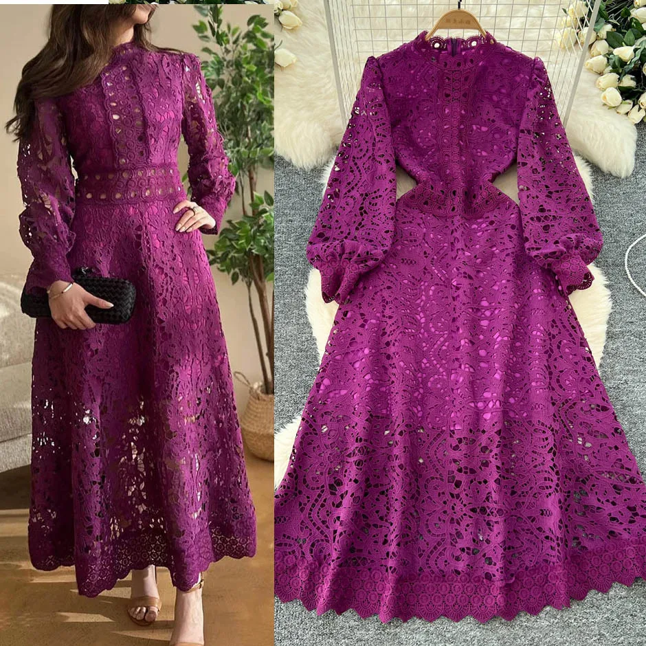 Autumn Vintage Embroidery Hollow Out Dresses Women's Stand Collar Long Sleeve Solid High Waist Elegant Wedding Party Vestidos