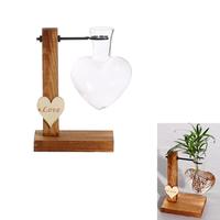 Love Heart Shape Clear Glass Flower Vase Container W/Wooden Stand Decor