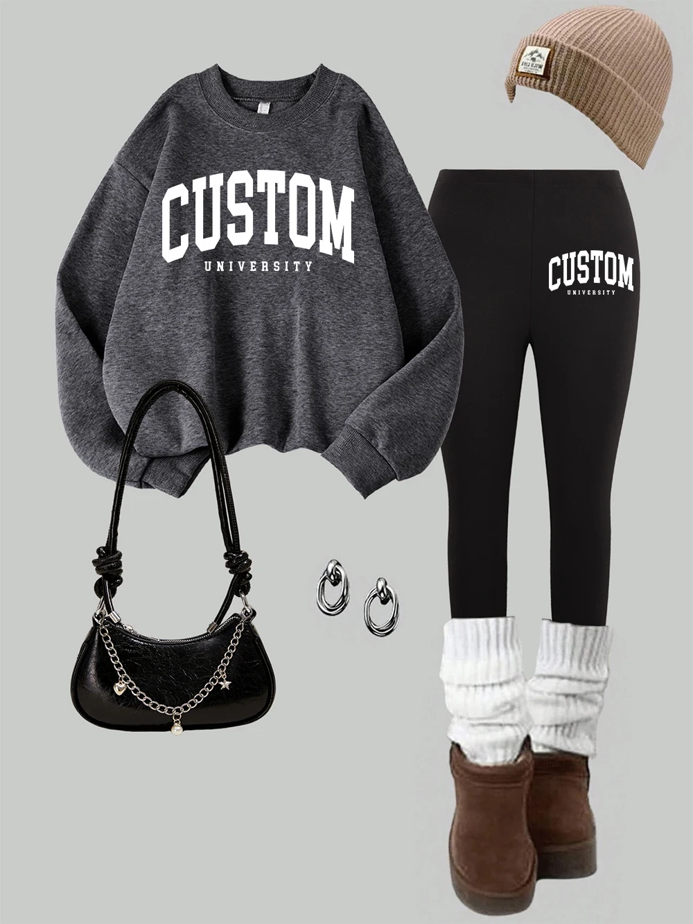 2 Piece Women Custom University Printing Sweatshirt Leggings Set Autumn Warm Fleece Hoodie Pants Street Casual Woman Clothes