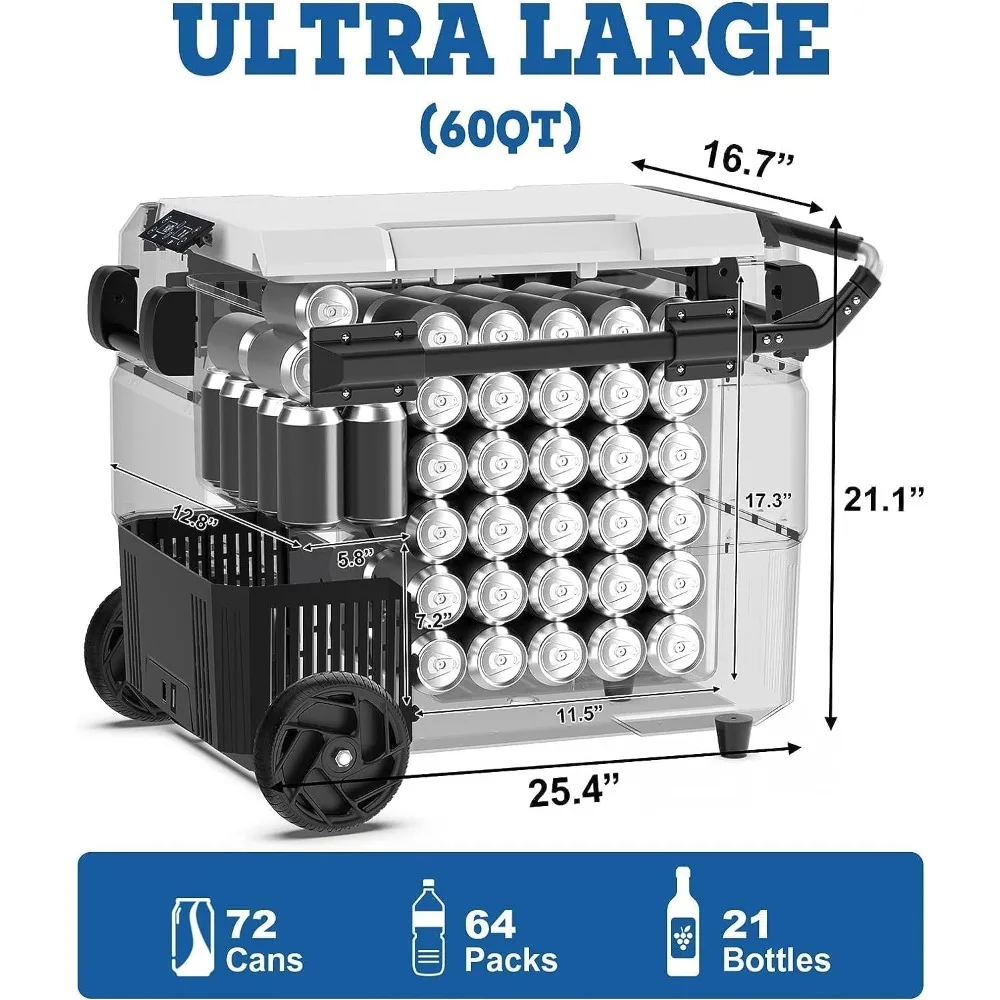 Refrigerator with Wheel, Dual Zone Portable Refrigerator, Dual Temperature Control, Reversible Lid, Portable Refrigerator