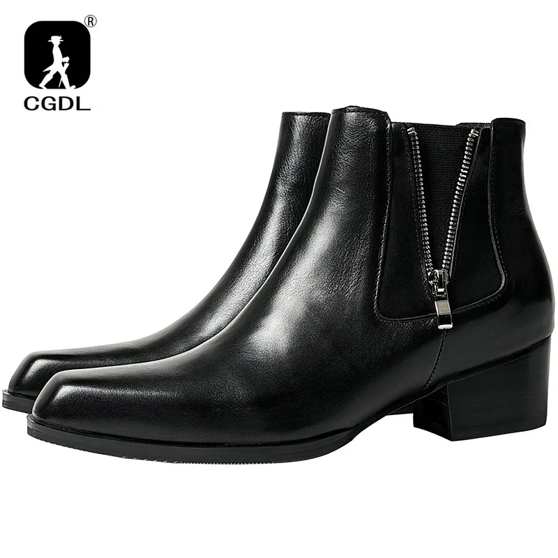 5 Cm High Heels Men\'s Ankle Boots Luxury Genuine Leather 2024 Winter Warm Black Wedding Party Social Boots Man Dress Shoes