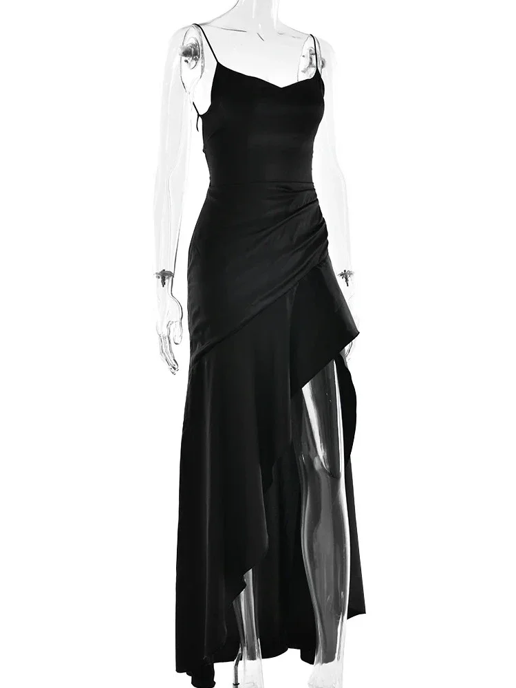 Chaxiaoa Elegant Spaghetti Strap Satin Split Maxi Dress Women Sexy Backless Bodycon Party Evening Dress Summer Holiday Beachwear