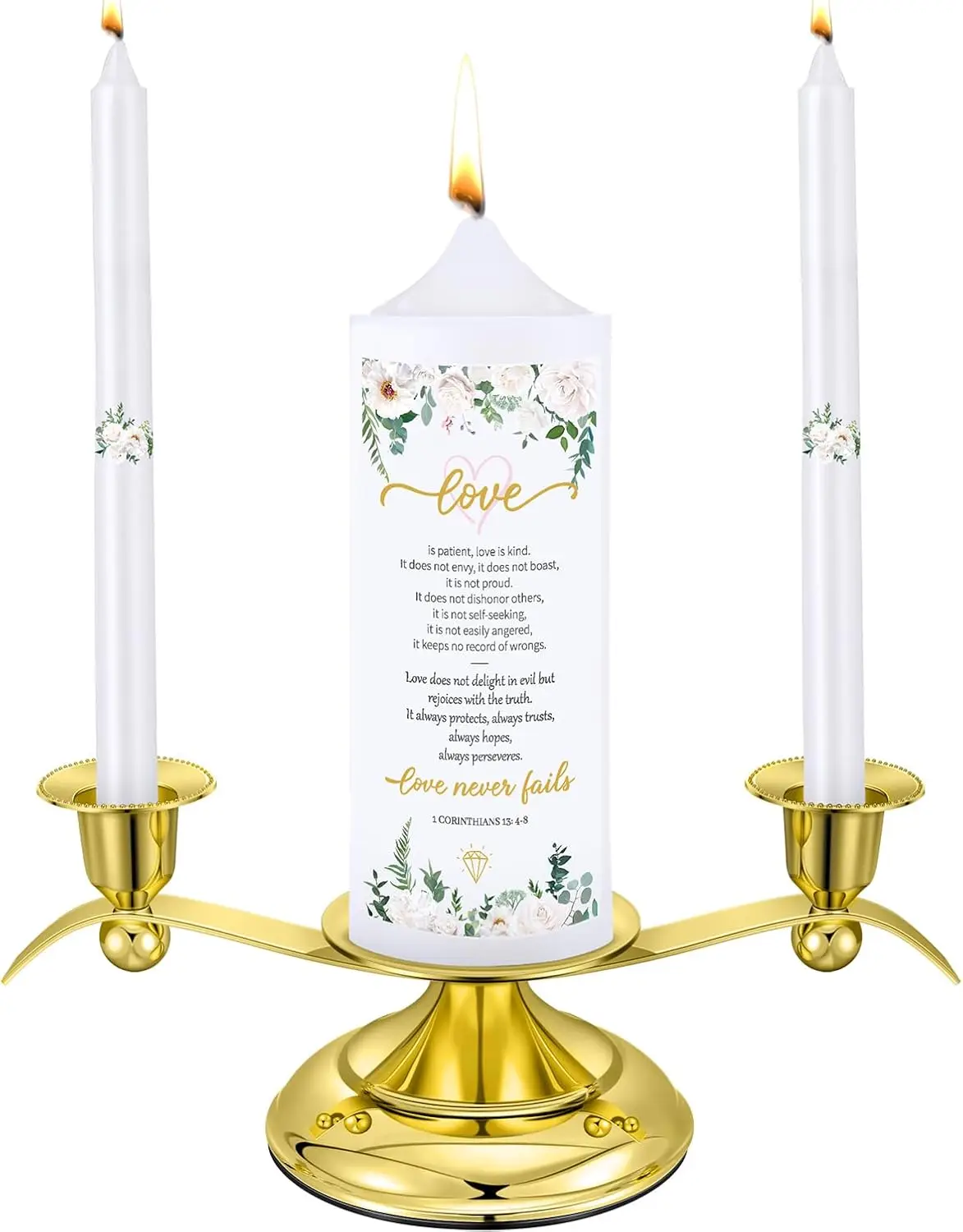 

3 Unity Floral Candles for Wedding Ceremony Set with Holder White Pillar and Taper Candles Religious