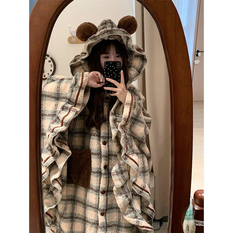 2025 Winter Long Sleeve Hooded Thick Warm Flannel Kimono Robes For Women Sexy Kawaii Bathrobes Sleepwear Nightdress Night Dre